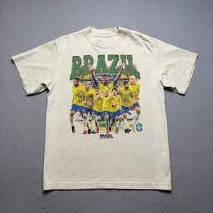 Game Changer Brazil Soccer T-Shirt Mens Medium Cream Y2K Graphic Neymar Vinicius